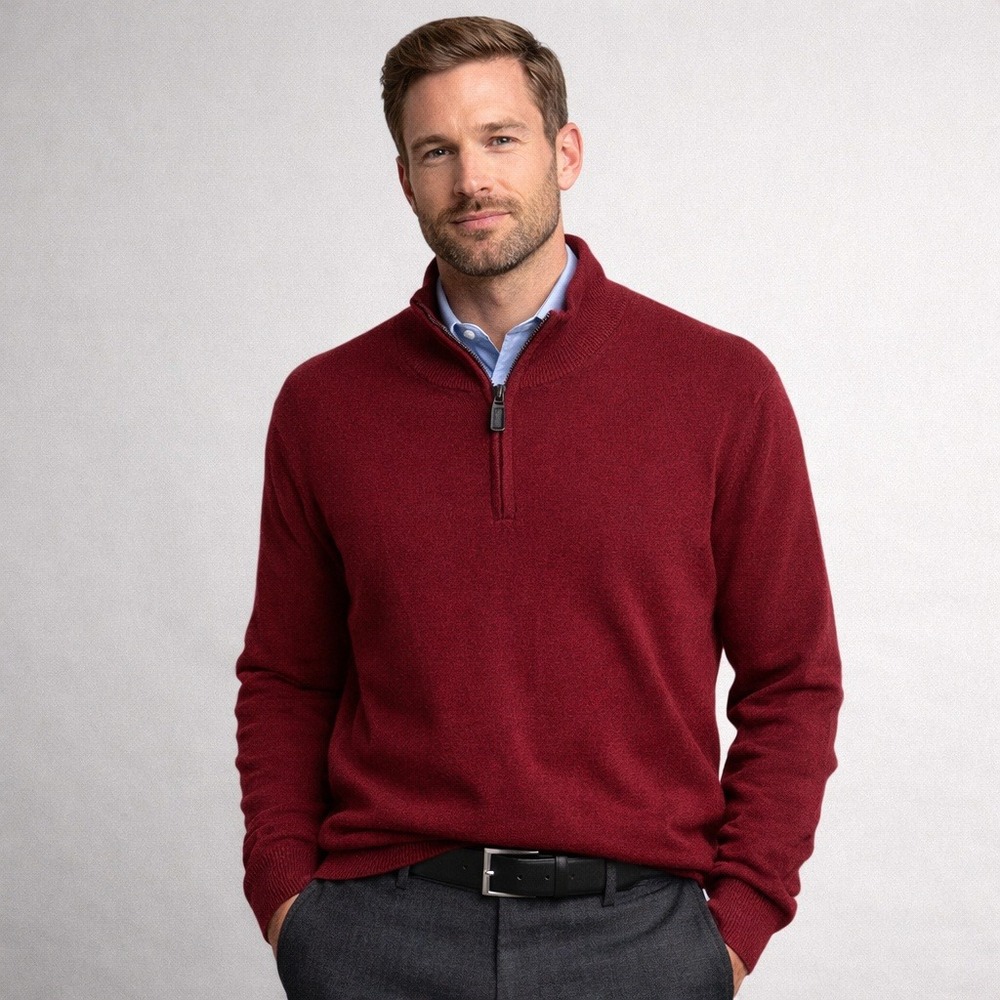 Jos A Bank Quarter Zip Merino Wool Sweater Mens L Burgundy Preppy Business
